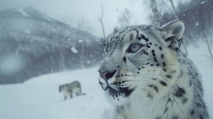   A snow leopard poses in a snow-blanketed field, flanked by two distant animals, and framed by trees behind