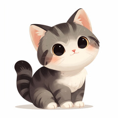 Gray tabby cat with stripes sitting curiously on a clean white background