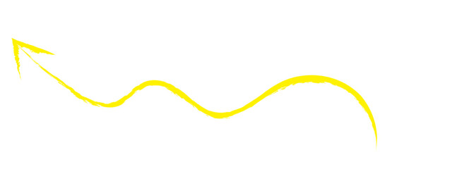 Yellow hand-drawn brush stroke arrow isolated on a white background.