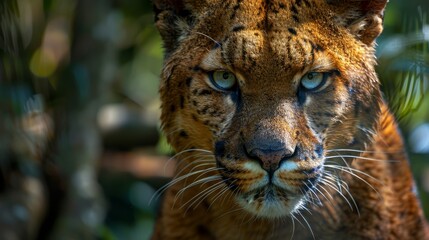   A tight shot of a tiger's expressive face against a softly blurred backdrop of trees and foliage