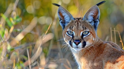 Fototapeta premium A tight shot of a feline in a sprawling grassy landscape, surrounded by trees behind and bushes ahead