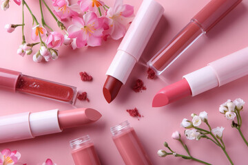 Different lip glosses  on pink background,  - obrazy, fototapety, plakaty