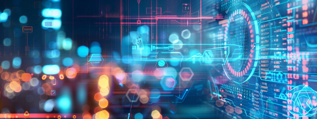 Fototapeta premium Digital Backdrop of Bokeh Lights Reflecting Data Transmission Concept