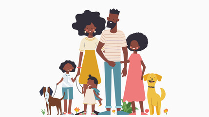 Mother and father with children and dog. Happy afro a