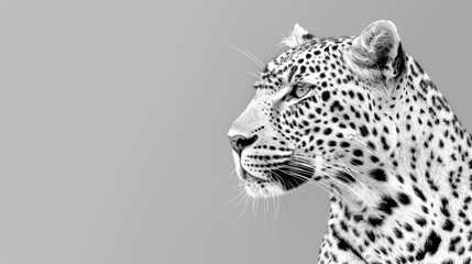   A monochrome image of a cheetah gazing into the distance against a gray backdrop of sky