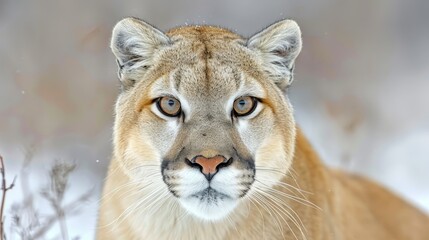   A tight shot of a mountain lion's face against a backdrop of snow-covered ground and trees in the distance