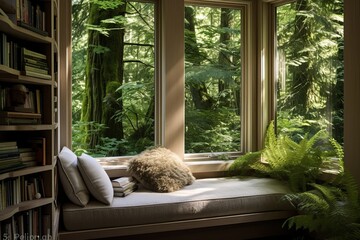 Forest Enclave: Inspiring Window Seat Reading Nook with Hidden Forest View - obrazy, fototapety, plakaty