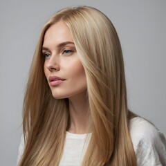 Beautiful blonde woman with long, healthy, straight and shiny hair. Portrait of an attractive model posing at studio