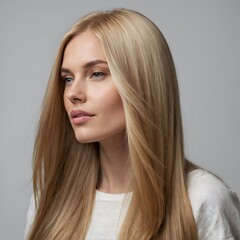 Naklejka premium Beautiful blonde woman with long, healthy, straight and shiny hair. Portrait of an attractive model posing at studio