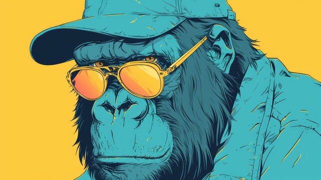 A fun and quirky hand drawn 2d illustration featuring a gorilla sporting a trendy cap and sunglasses perfect for stylish t shirt designs