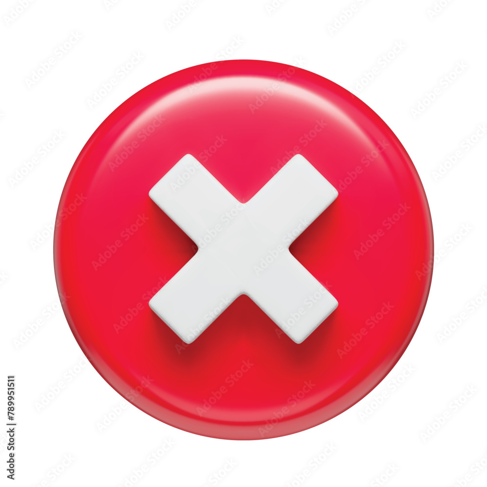 Poster 3d realistic multiplication sign icon, red round shaped button. disapprove or wrong choice. mathemat