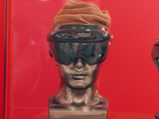glasses, sleep mask on the head of a mannequin wearing a hat at the Canton Exhibition, new...