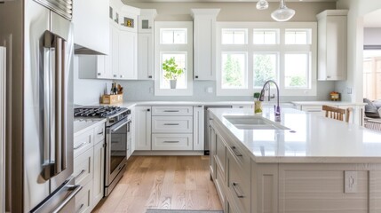 A large kitchen with white cabinets and a white countertop. The kitchen has a modern design and is very clean - obrazy, fototapety, plakaty