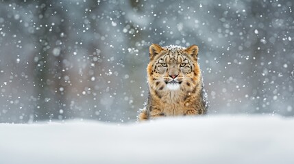   A snow leopard sits in a snow-covered field, surrounded by trees in the background, with snowflakes falling gently onto the ground