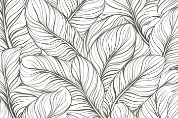 An abstract of foliage line art vector on white background, tropical leaf in hand drawn pattern for fabric