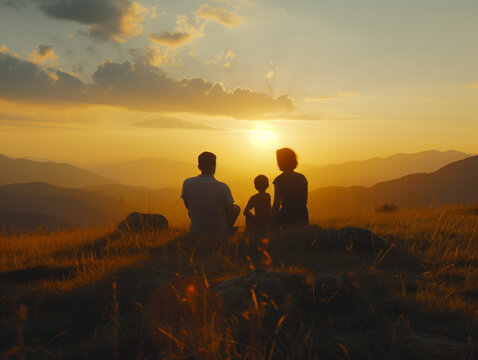 AI generated image of young parents with their kid enjoying beautiful mountain sunset. Evening bliss: Family and child silhouettes sit, unwinding at sunset