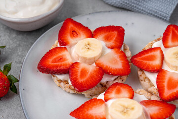 Rice Crackers Healthy Snack, Crackers Topped with Strawberry and Banana, Breakfast Idea