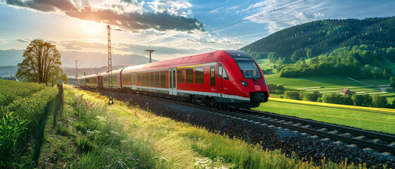 A colorful commuter train speeds through lush green fields under a blue sky in countryside.