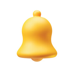 Plastic yellow hand bell icon 3d realistic on white. Golden bell for social media notice event reminder, website and app element three-dimensional rendering vector illustration