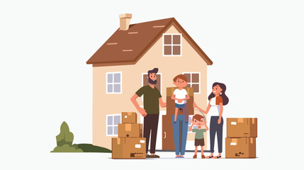 New house for family. Happy family isolated. Things illustration