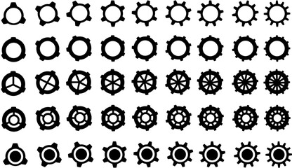 set of black and white icons gear and wheel for industrial background 