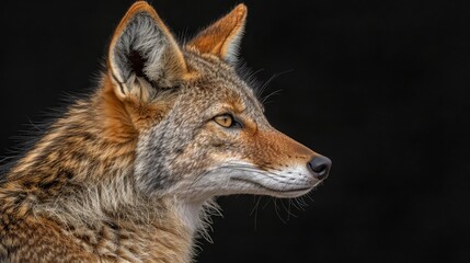   A tight shot of a wolf's head against a black backdrop, its face subtly blurred