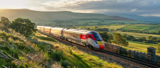 A colorful commuter train chugging through a beautiful countryside landscape on a sunny day.