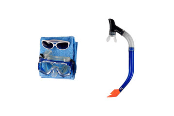 Set of snorkeling breathing tube, plastic glasses and towel for diving