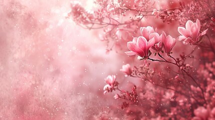   A tight shot of a tree bearing pink blossoms in the foreground, with a softly focused background