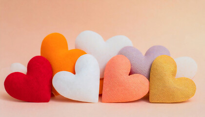 Fototapeta premium Collection of colorful fabric hearts shaped pillow on a soft pastel background, minimalist composition.