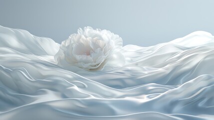   A large white flower atop a bed of white, blanketed sheets in the room's center