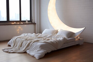 Fototapeta na wymiar Celestial Bedding: Lunar-Inspired Minimalist Bedroom Decors for Celestial Dreams
