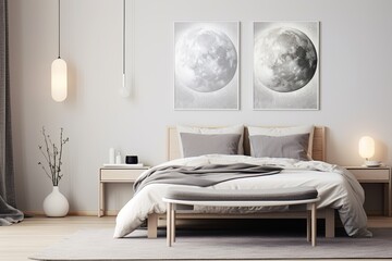 Crescent Moon Tranquility: Lunar-Inspired Minimalist Bedroom in White and Grey Tones