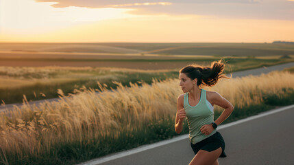 Fitness Journey: Determined Woman Running on a Rural Road at Sunset