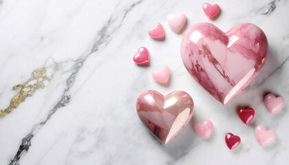 Minimalist setup of two large pink glossy marble heart shapes accompanied by smaller hearts on a white marble background.