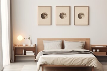 Fototapeta na wymiar Lunar Serenity: Minimalist Bedroom D�cor with Lunar Calendar Poster, Neutral Tones, and Peaceful Ambiance