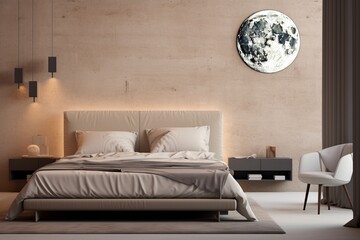 Lunar Cycle Minimalist Bedroom: Decor Decal, Elegant Furniture, Neutral Palette