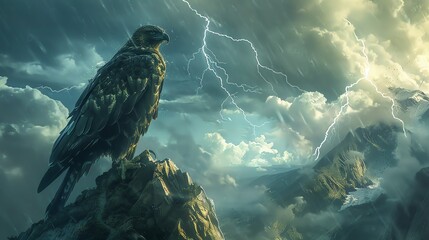 Thunderhawk, Lightning Perch, Storm Realm,  Mighty hawk perched on a cliff in a realm where thunderstorms rage eternally, with lightning