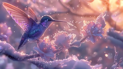 Aurora Hummingbirds, Polar Glow, Ice Crystal Flowers, Iridescent feathers mimic Northern Lights around flowers in ice, under polar glowing sky