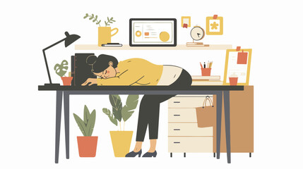 Woman sleeping at workplace isolated. Vector flat style