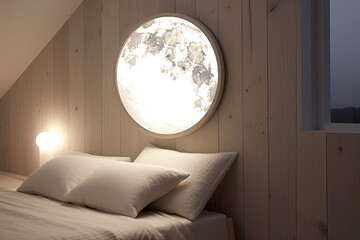 Moonlit Elegance: Lunar-Inspired Minimalist Bedroom Decors Featuring a Moon Mirror and Soft Lighting
