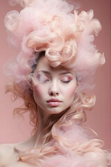 Surreal portrait of a beautiful woman with natural glam pastel pink makeup and futuristic hairstyle. Artistic professional hair and makeup aesthetic.