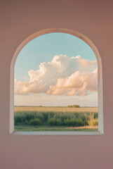 Beautiful nature view of bright blue sky and green grass field through an arched window on the vibrant pink wall. Creative earth and environment concept with copy space.