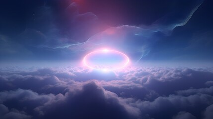  Step into a surreal realm where an abstract cloud glows with ethereal neon light, encircled by a luminous ring against the backdrop of a dark night sky, rendered in exquisite detail with HD camera