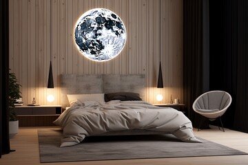 Serene Moonlit Haven: Lunar-Inspired Minimalist Bedroom Decor with Moon-Shaped Lights