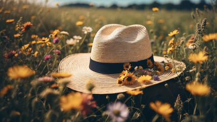 Vintage straw hat with a black ribbon lying in a floral meadow with colorful wild flowers. Spring and summer fashion aesthetic. Bright sunny day concept.