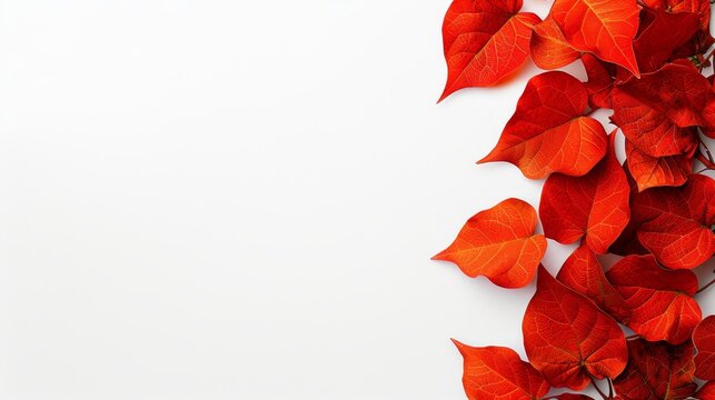   Red leaves stacked on a white surface against a pure white background