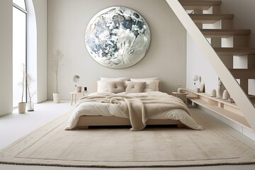 Moonlit Serenity: Lunar-Inspired Minimalist Bedroom Decor with Round Moon-Like Rug and Calming Atmosphere