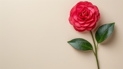 Fototapeta premium A solitary red rose atop a green stem against a beige backdrop, surrounded by a leaf