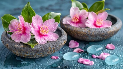   Two pink flowers atop a table Nearby, two stone bowls brimming with blooms